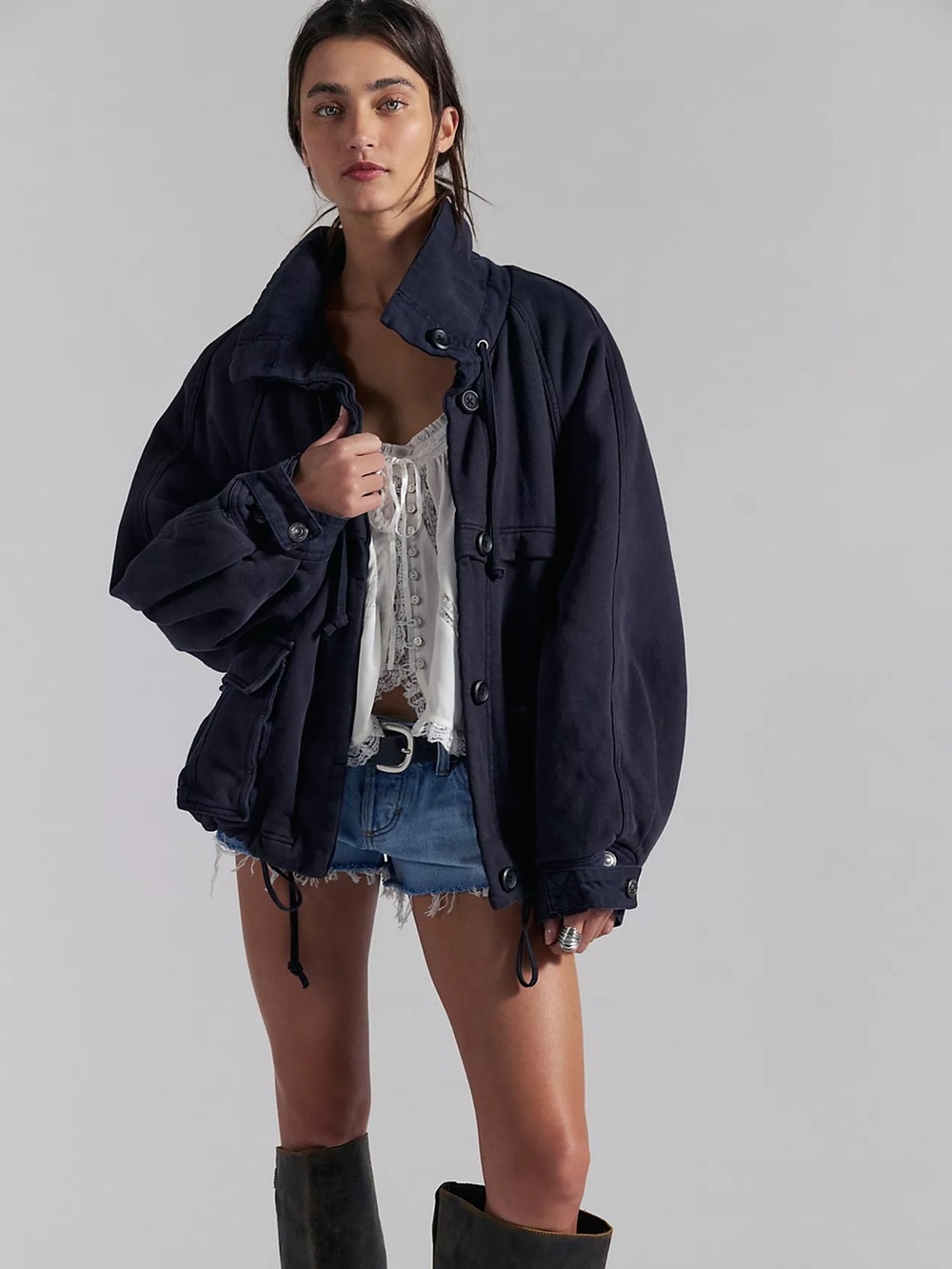 Free people Jojo Washed Oversized Funnel-Neck Jacket black